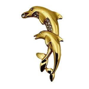 Brooch‎ Pin Two Dolphin Vintage Gold Plated Crystal Nautical Rhinestones Ocean